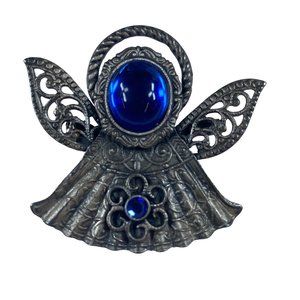 Angel Pin Brooch KC Dark Silver Tone Blue Stones Floral Accent Rhinestone Metal